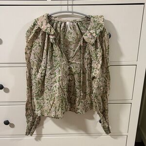 Anthropologie Women's Green Floral Ruffle Blouse sizeSP
